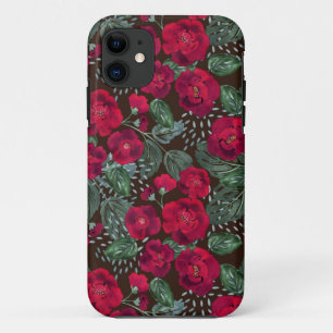 赤い花、水彩花の模様。 iPhone 11 ケース