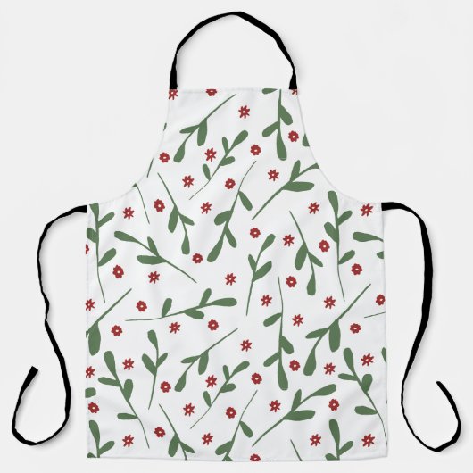 赤い花、緑の葉花の模様 エプロン (正面)