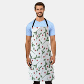 赤い花、緑の葉花の模様 エプロン (着用した状態)