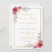 赤い花 緑の葉 ゴールドフレーム 私たちの結婚式 招待状 (正面)