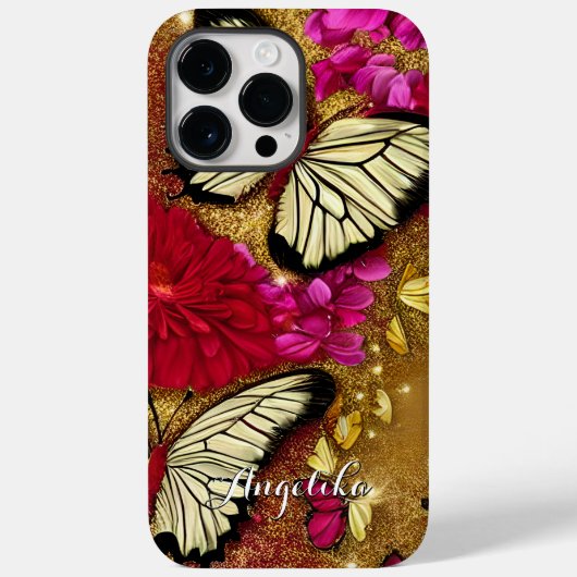 赤い花 金の輝き 蝶 カスタムネーム Case-Mate iPhoneケース (裏面)