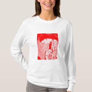 赤い芸者の女性オウムのフード付の長袖(合う) Tシャツ