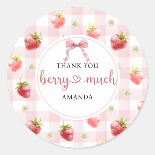 赤い苺のピンクの格子模様 サンキュー ベリーマッチ ラウンドシール (正面)
