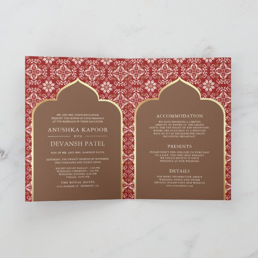 赤い茶色のパターンすべて1つのインディアン結婚 招待状 (内部)