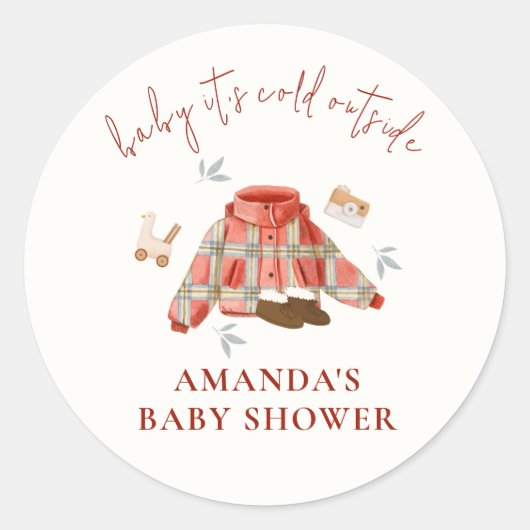 赤い茶色の格子縞の冬のおもちゃの服ベビーシャワー ラウンドシール (正面)