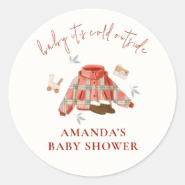 赤い茶色の格子縞の冬のおもちゃの服ベビーシャワー ラウンドシール