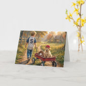 赤い荷台と子犬の誕生日少年 カード (黄色い花)