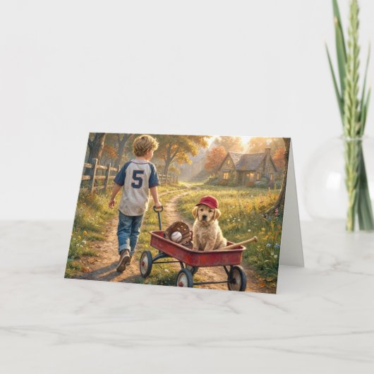 赤い荷台と子犬の誕生日少年 カード (正面)