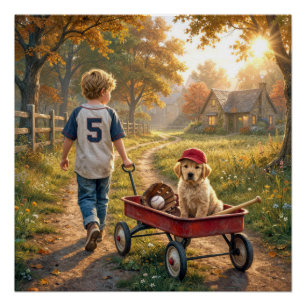 赤い荷車とゴールデンレトリバーの子犬の少年 ポスター