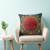 赤い華美バラと金ゴールドバロックのフレーム クッション (椅子)