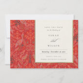 赤い華美フローラ孔雀の日付を保存 招待状 (正面)
