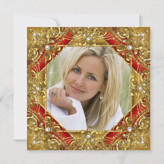 赤い華美素晴らしい50th金ゴールドパーティーに関する写真金ゴールド 招待状 (裏面)