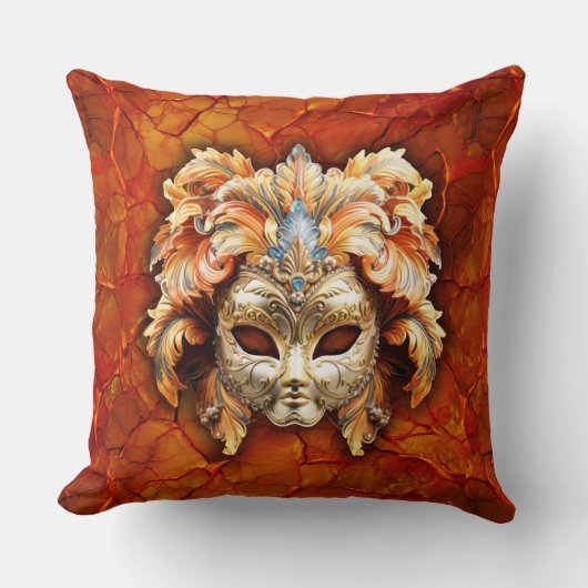 赤い華美背景にオレンジ色の羽を付けたマスク クッション (正面)