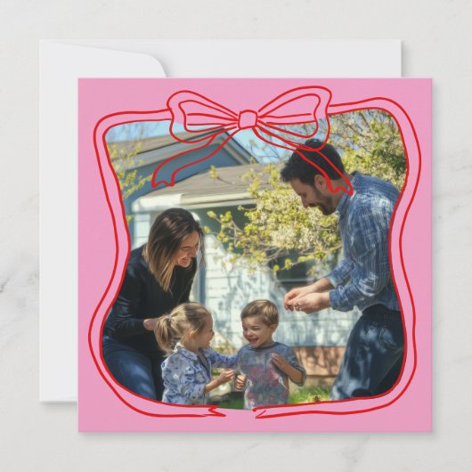 赤い落書きの弓フレーム ピンクのカスタム写真 シーズンカード (正面)