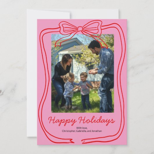 赤い落書きの弓フレーム ピンクのカスタム写真 シーズンカード (正面)