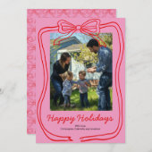 赤い落書きの弓フレーム ピンクのカスタム写真 シーズンカード (正面/裏面)