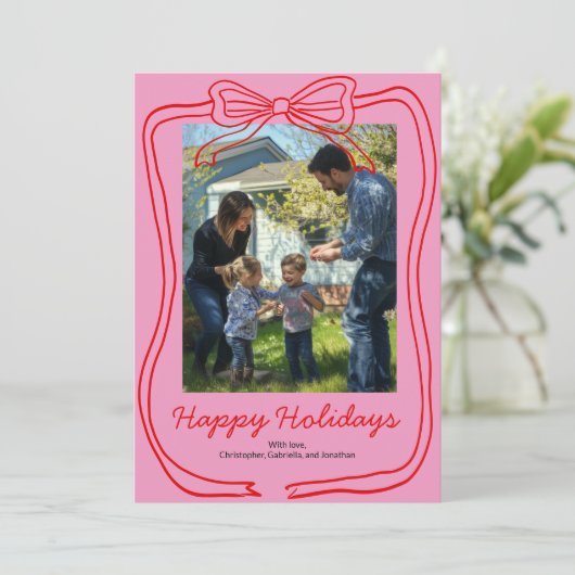赤い落書きの弓フレーム ピンクのカスタム写真 シーズンカード (スタンド正面)