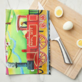 赤い蒸気の列車の純真な民芸の絵画 キッチンタオル (四つ折り)