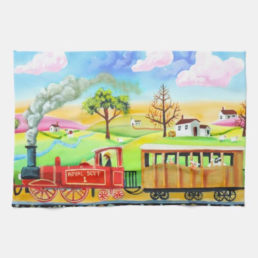 赤い蒸気の列車の純真な民芸の絵画 キッチンタオル (横)