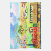 赤い蒸気の列車の純真な民芸の絵画 キッチンタオル (縦)
