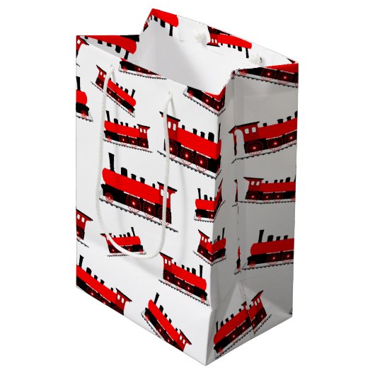 赤い蒸気列車パターン ミディアムペーパーバッグ (正面アングル)
