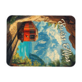 赤い蒸気機関車のお土産:スイスアルプスヴィンテージ マグネット (横)