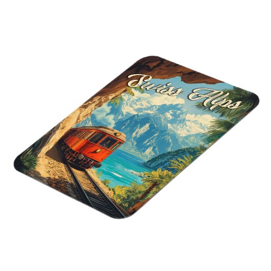 赤い蒸気機関車のお土産：スイスアルプスヴィンテージ マグネット (左側)