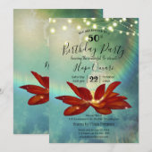 赤い蓮の花 | 青い50歳の誕生日パーティー 招待状 (正面/裏面)