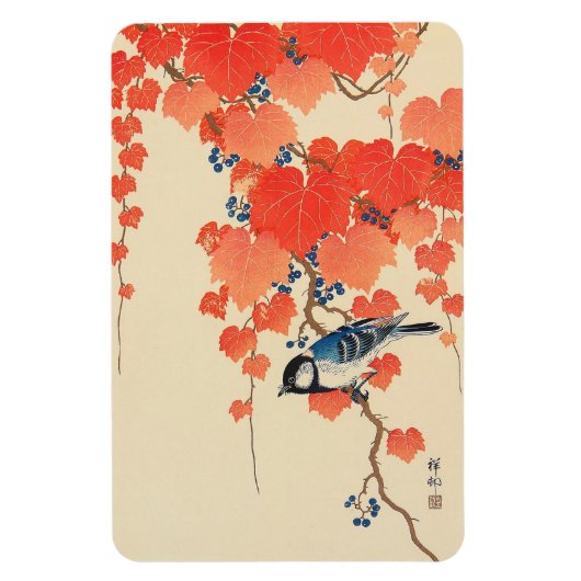 赤い蔦に鳥、古邨鳥の赤いツタ、小村、浮世絵 マグネット (縦)