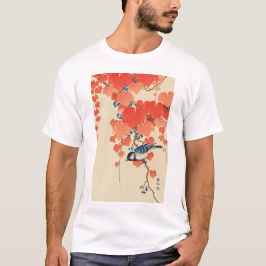 赤い蔦に鳥、古邨鳥の赤いツタ、小村、浮世絵 Tシャツ (正面)