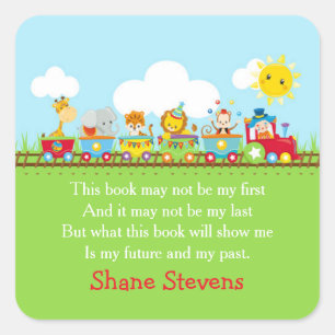 赤い蔵書票ステッカーに可愛いアニマルサーカス スクエアシール