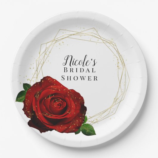 赤い薔薇 ゴールド ジオメトリック グラムな花嫁のシャワー ペーパープレート (正面)