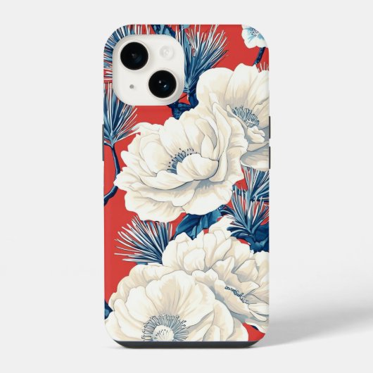 赤い藍の芍薬梅の花柄 iPhoneケース (裏面)