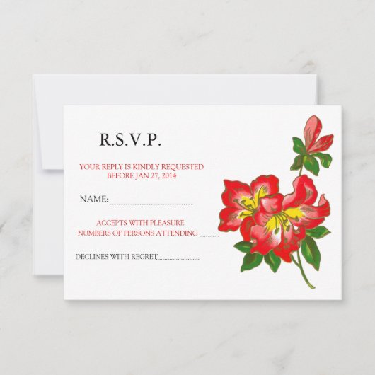 赤い蘭のウェディングフラワー RSVP 発表 2 招待状 (正面)