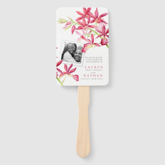 赤い蘭の水彩結婚式のプログラムの写真 ハンドファン (正面)