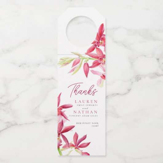 赤い蘭の水色の結婚植物感謝していの ボトルネックタグ (正面)