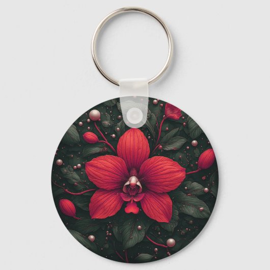 赤い蘭の花と緑の葉 キーホルダー (正面)