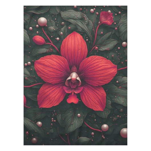 赤い蘭の花と緑の葉 テーブルクロス (正面)