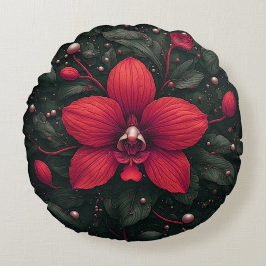 赤い蘭の花と緑の葉 ラウンドクッション (正面)