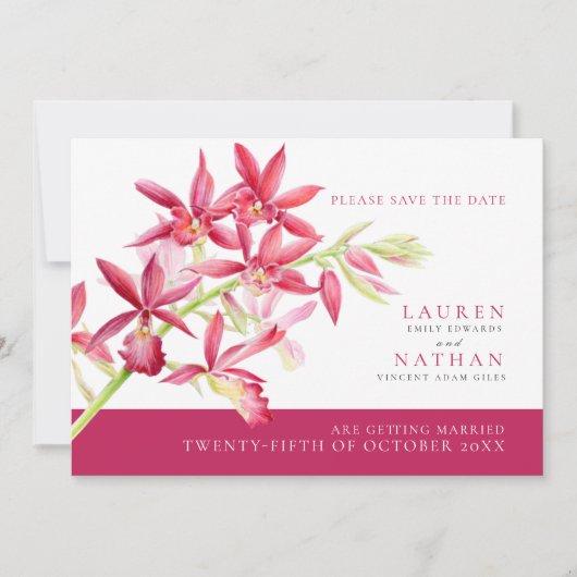 赤い蘭の花の水の色の写真結婚の セーブザデート (正面)