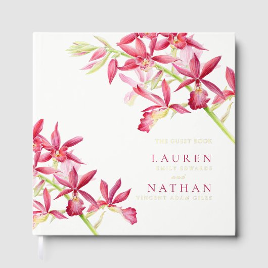 赤い蘭の花の水彩植物結婚の ゲストブック (正面)