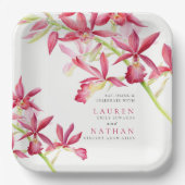 赤い蘭の花の水彩植物結婚の ペーパープレート (正面)