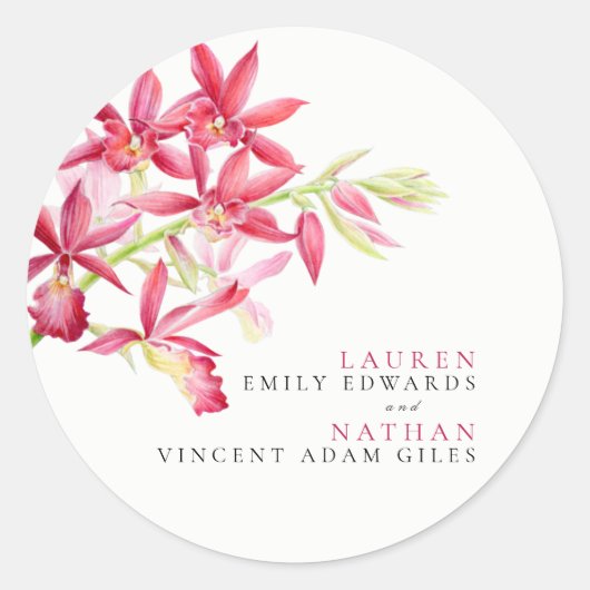 赤い蘭の花の水彩植物結婚の ラウンドシール (正面)