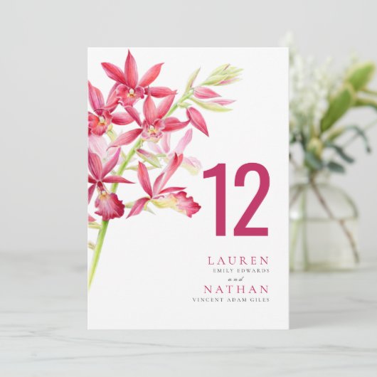 赤い蘭の花結婚のテーブル番号カード (スタンド正面)