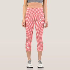 赤い虎の頭と名前を持つ赤いギンガムプレイド カプリレギンス