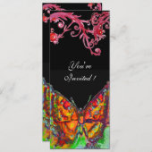 赤い蝶々、花の渦巻き ゴールド イエロー ブラック 招待状 (正面/裏面)