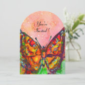 赤い蝶がピンクのフクシアとゴールドのスパークルに舞う 招待状 (スタンド正面)