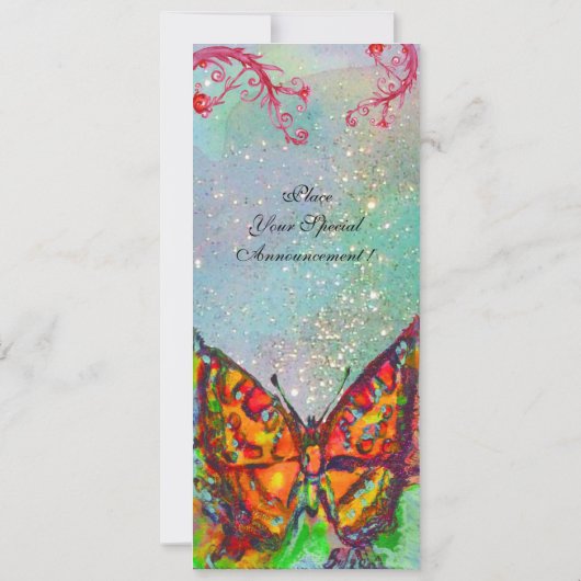 赤い蝶が青緑のターコイズゴールドのスパークルに舞う 招待状