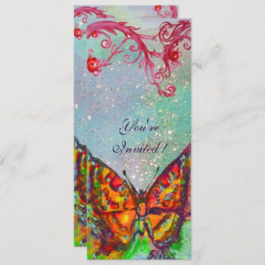 赤い蝶が青緑のターコイズゴールドのスパークルに舞う 招待状 (正面/裏面)