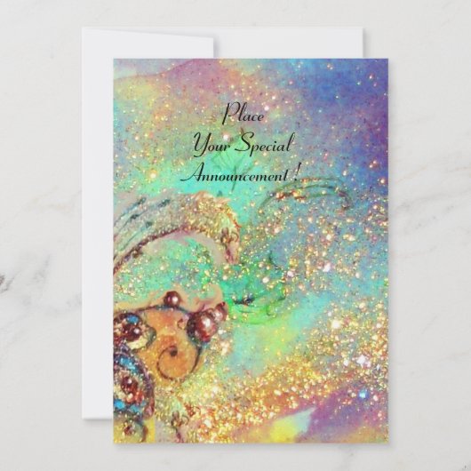 赤い蝶が青緑のターコイズゴールドのスパークルに舞う 招待状 (裏面)